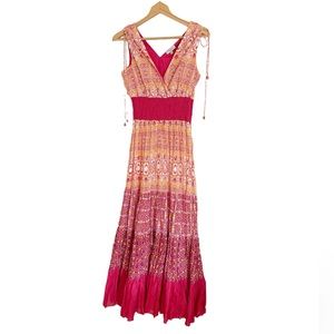 Indikka New York Boho Tiered Sleeveless Tassel Smocked V-neck Maxi Dress size S